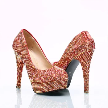 Свадебные туфли AB Bling с красными кристаллами, женские модельные туфли для свадебной вечеринки, Туфли-лодочки на платформе на очень высоком каблуке, Обувь для подружек Невесты со стразами