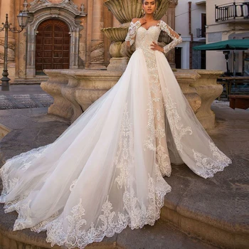 Сексуальное свадебное платье русалки со съемным шлейфом 2022, новейшее свадебное платье с открытыми плечами, кружевное платье с длинным рукавом и пуговицами сзади, свадебное платье для невесты
