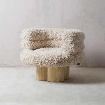 Скандинавский Кремовый Бесшумный Стиль, Одноместный диван-кресло из сахарной ваты, Гостиная, Дизайнерское кресло для отдыха из массива дерева и овечьей шерсти