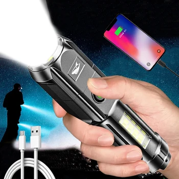 Фонарик с мощным зумом, перезаряжаемый через USB, сверхяркий фонарик, мощные светодиодные фонари с боковой подсветкой, портативный фонарь для кемпинга