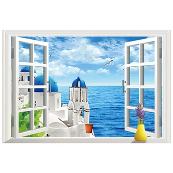Фреска с видом на Эгейское море, Греция, Пейзаж Санторини, Поддельные 3D окна, Виниловые наклейки На стены, Украшение дома, Пейзажные Обои 90 * 60 см