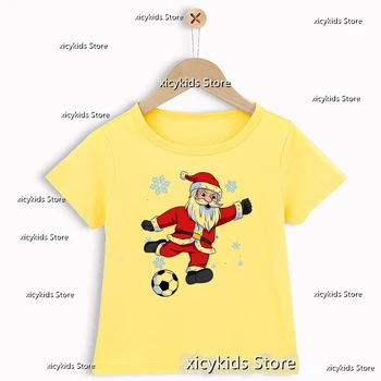 Футболка Для мальчиков/Девочек, Забавный Футбольный Санта-Клаус, Графические Принты Для детей, Рождественская одежда, Футболки, Милая Одежда для мальчиков/девочек