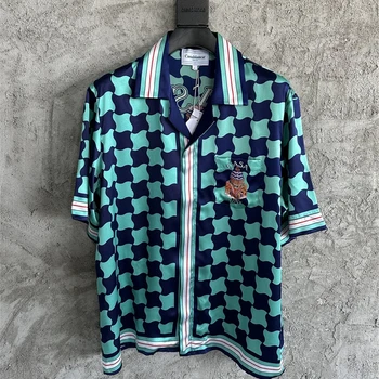 Шелковые рубашки Casablanca с принтом в виде замка, Мужские, женские, 1:1, Синие Гавайские рубашки с коротким рукавом