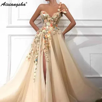 Элегантные платья для выпускного вечера Aixiangsha на одно плечо, Длинное вечернее платье с 3D цветочной кружевной аппликацией и бисером, вечернее платье с высоким разрезом