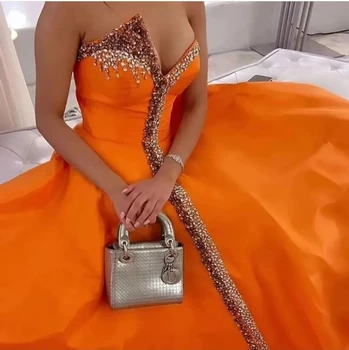 Ярко-оранжевый-линии V-образным вырезом, вечерние платья без бретелек длиной до пола с открытой спиной бисером без рукавов вечернее атласное выпускное платье 2023 новый